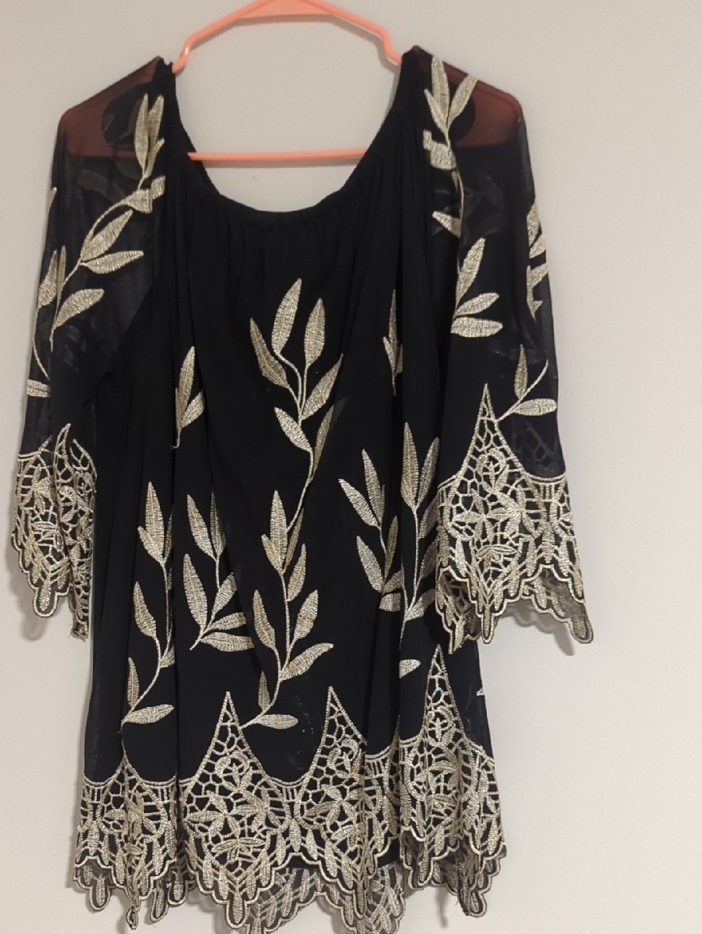 Alfani Black Blouse with Gold Leaf Embroidery
